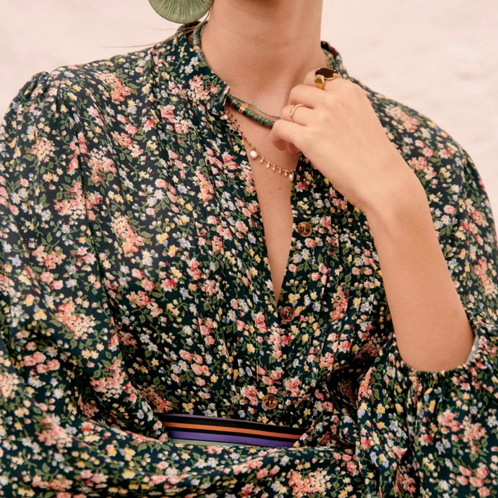 Sezane Dark Green Floral Mini Dress with Striped Waist Sash - Picture 3 of 13